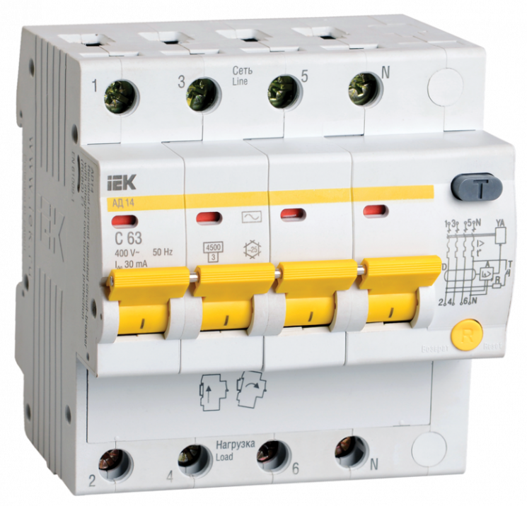Выключатель автоматический дифференциального тока 4п C 16А 30мА тип AC 4.5кА АД-14 ИЭК MAD10-4-016-C-030
